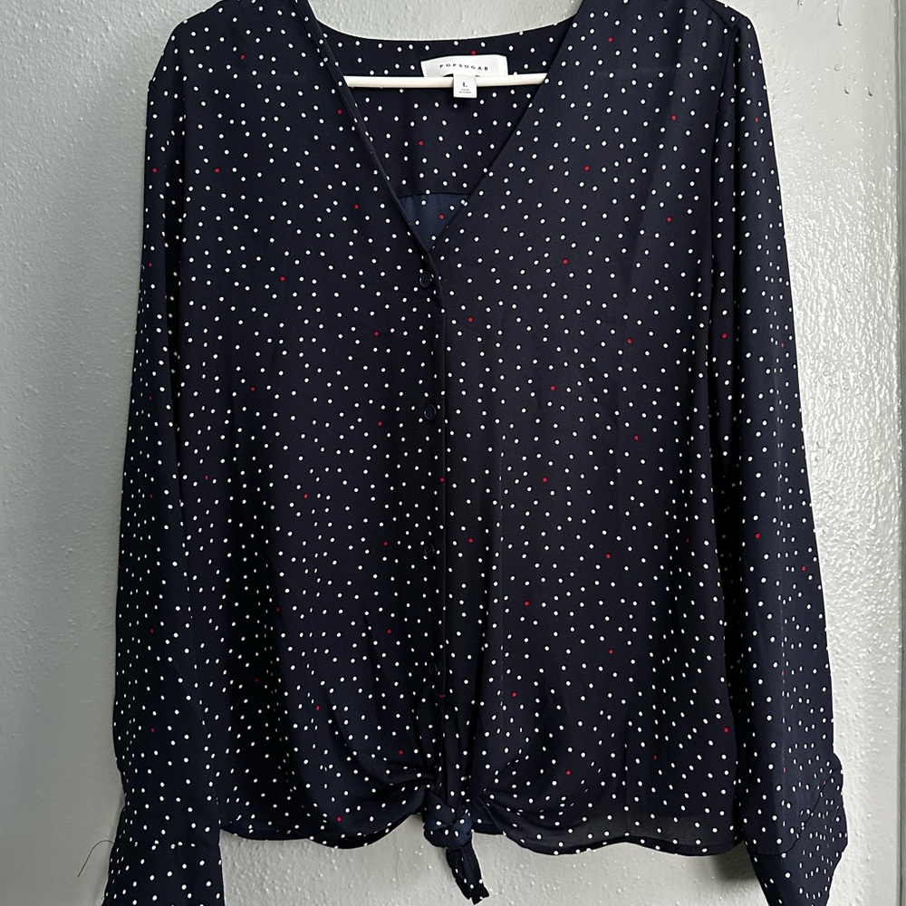 POPSUGAR Blue Tie Front Blouse with Long Sleeves